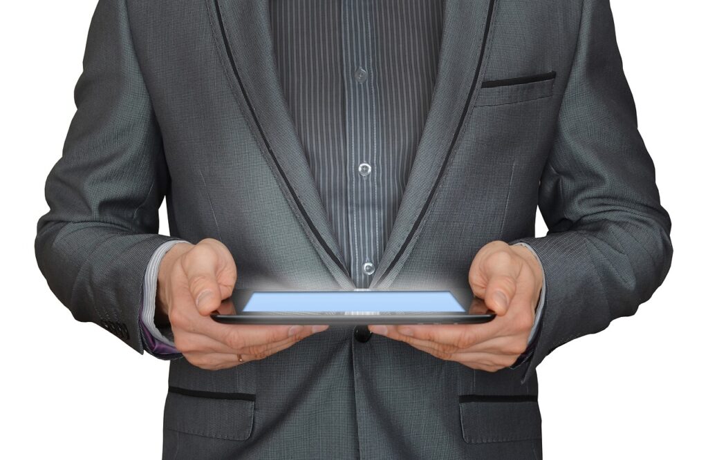 grey suits, man, businessman, tablet computer